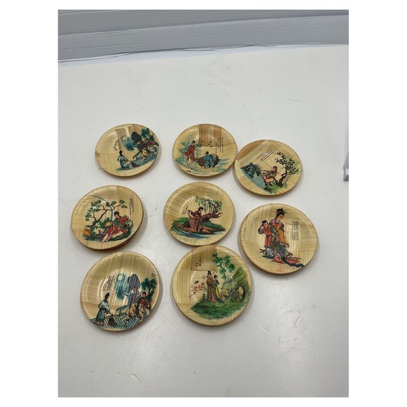 The Unbranded Brand Other - Set of 12 Vintage Bamboo Sake Saucers Coasters Japanese Art Scenes